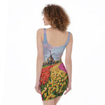 Tulip Field Print Sleeveless Bodycon Dress