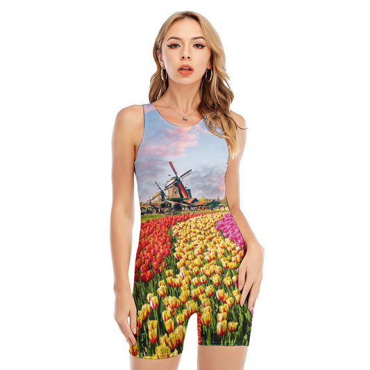 Tulip Field Print Sleeveless One Piece Swimsuit