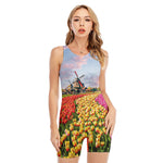 Tulip Field Print Sleeveless One Piece Swimsuit