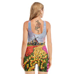Tulip Field Print Sleeveless One Piece Swimsuit