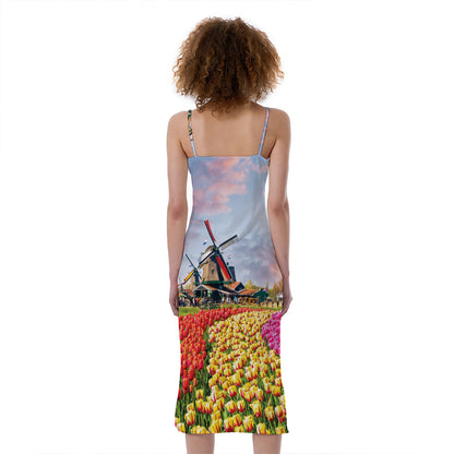Tulip Field Print Slim Fit Midi Cami Dress