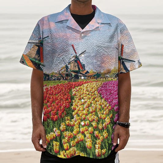 Tulip Field Print Textured Short Sleeve Shirt