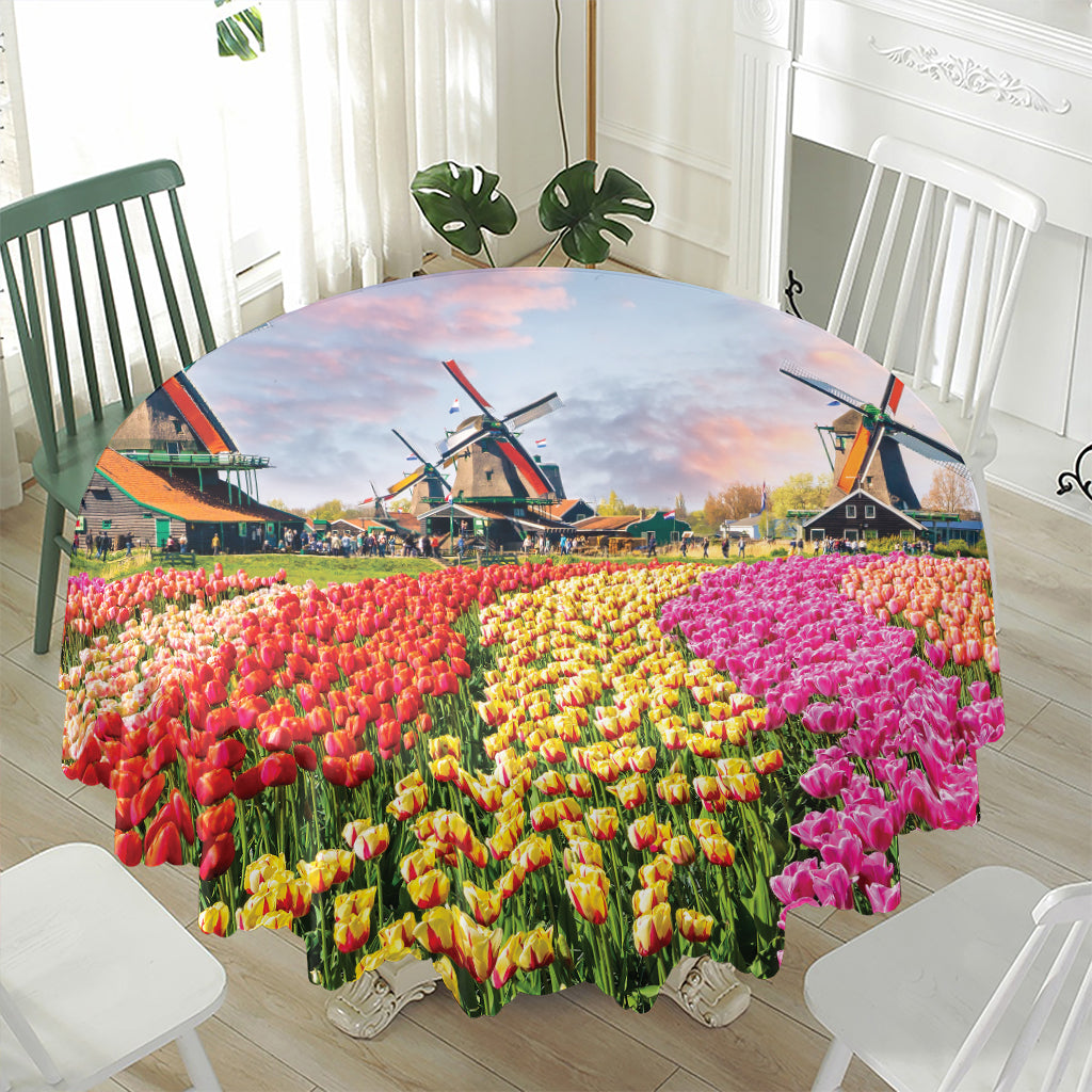 Tulip Field Print Waterproof Round Tablecloth
