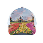 Tulip Field Print White Mesh Trucker Cap