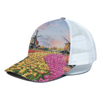 Tulip Field Print White Mesh Trucker Cap
