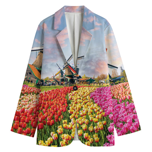 Tulip Field Print Women's Cotton Blazer