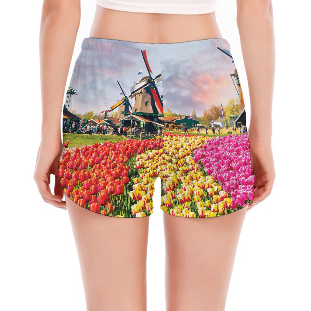 Tulip Field Print Women's Split Running Shorts