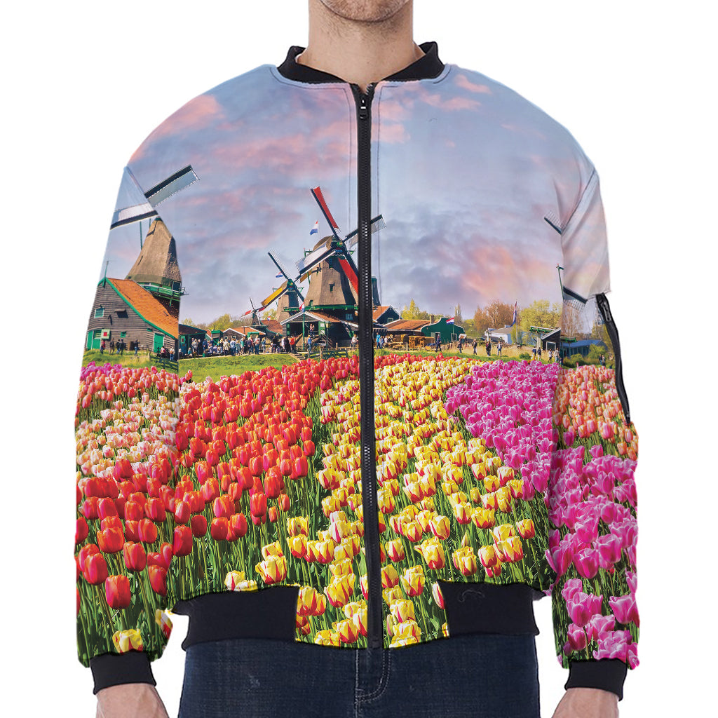 Tulip Field Print Zip Sleeve Bomber Jacket