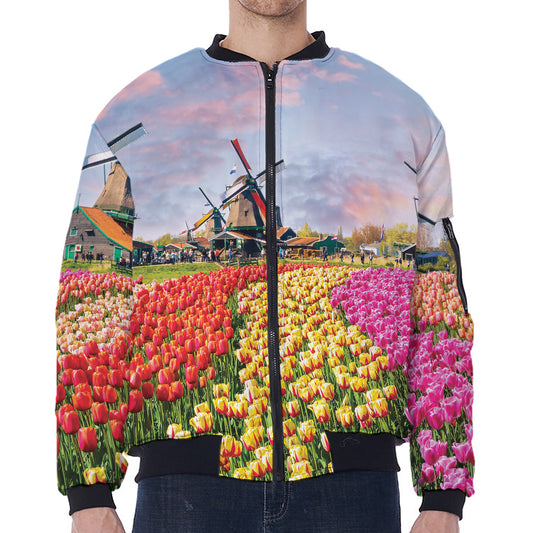 Tulip Field Print Zip Sleeve Bomber Jacket