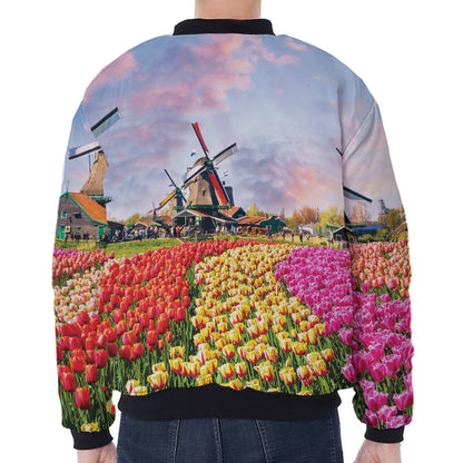 Tulip Field Print Zip Sleeve Bomber Jacket