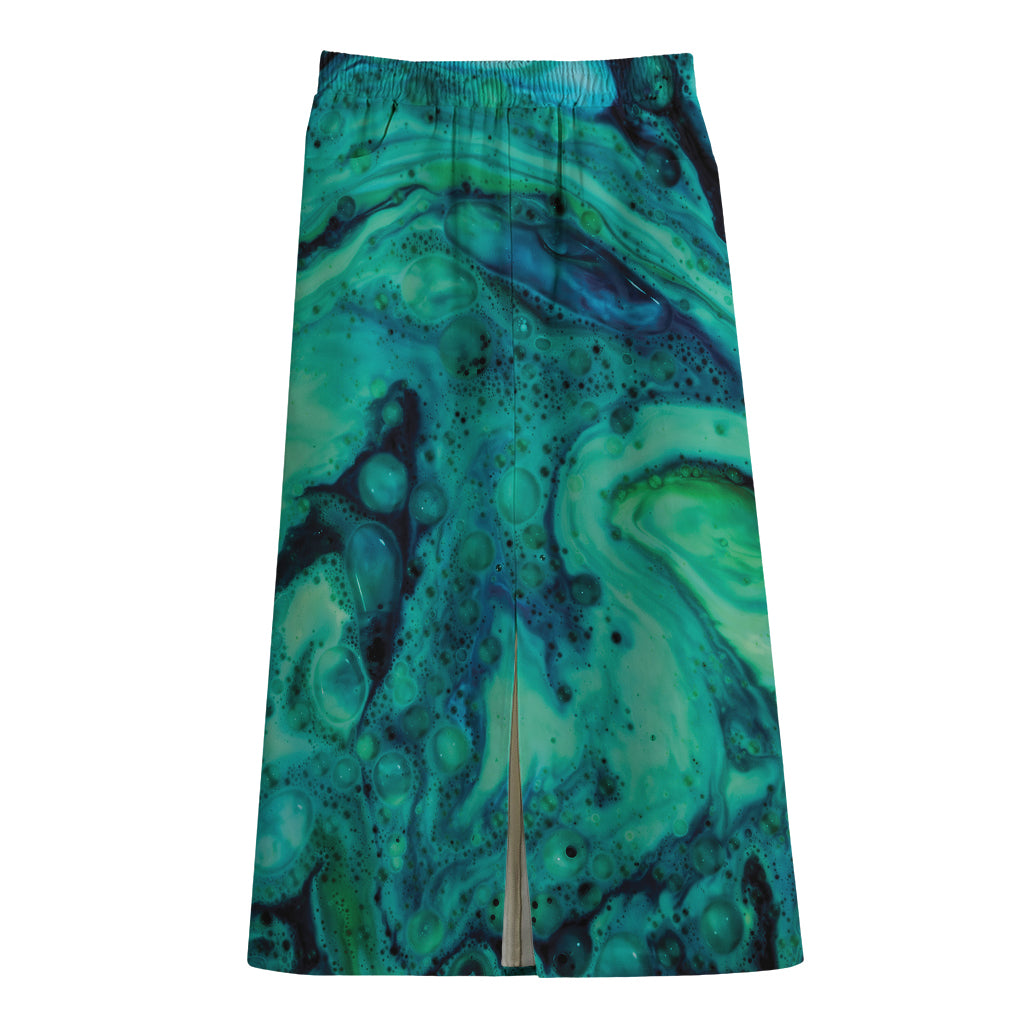 Turquoise Acid Melt Print Cotton Front Slit Maxi Skirt