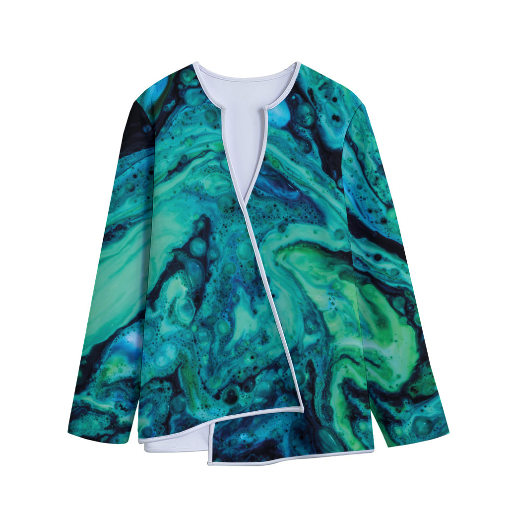 Turquoise Acid Melt Print Long Sleeve Short Coat