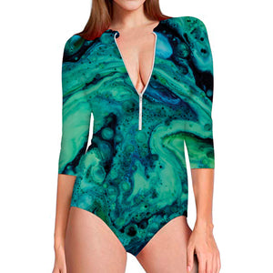 Turquoise Acid Melt Print Long Sleeve Swimsuit