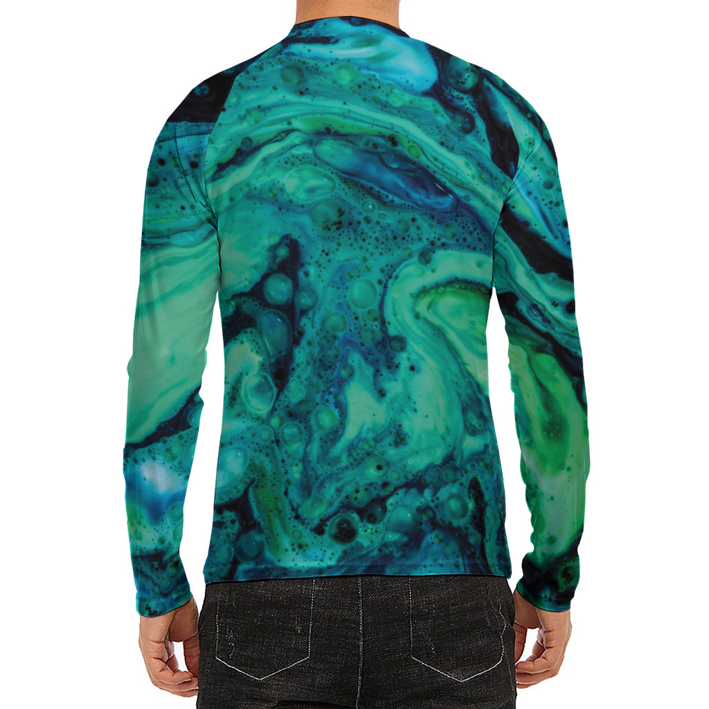 Turquoise Acid Melt Print Men's Long Sleeve Rash Guard