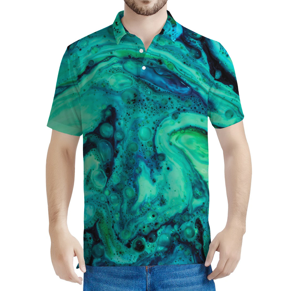 Turquoise Acid Melt Print Men's Polo Shirt