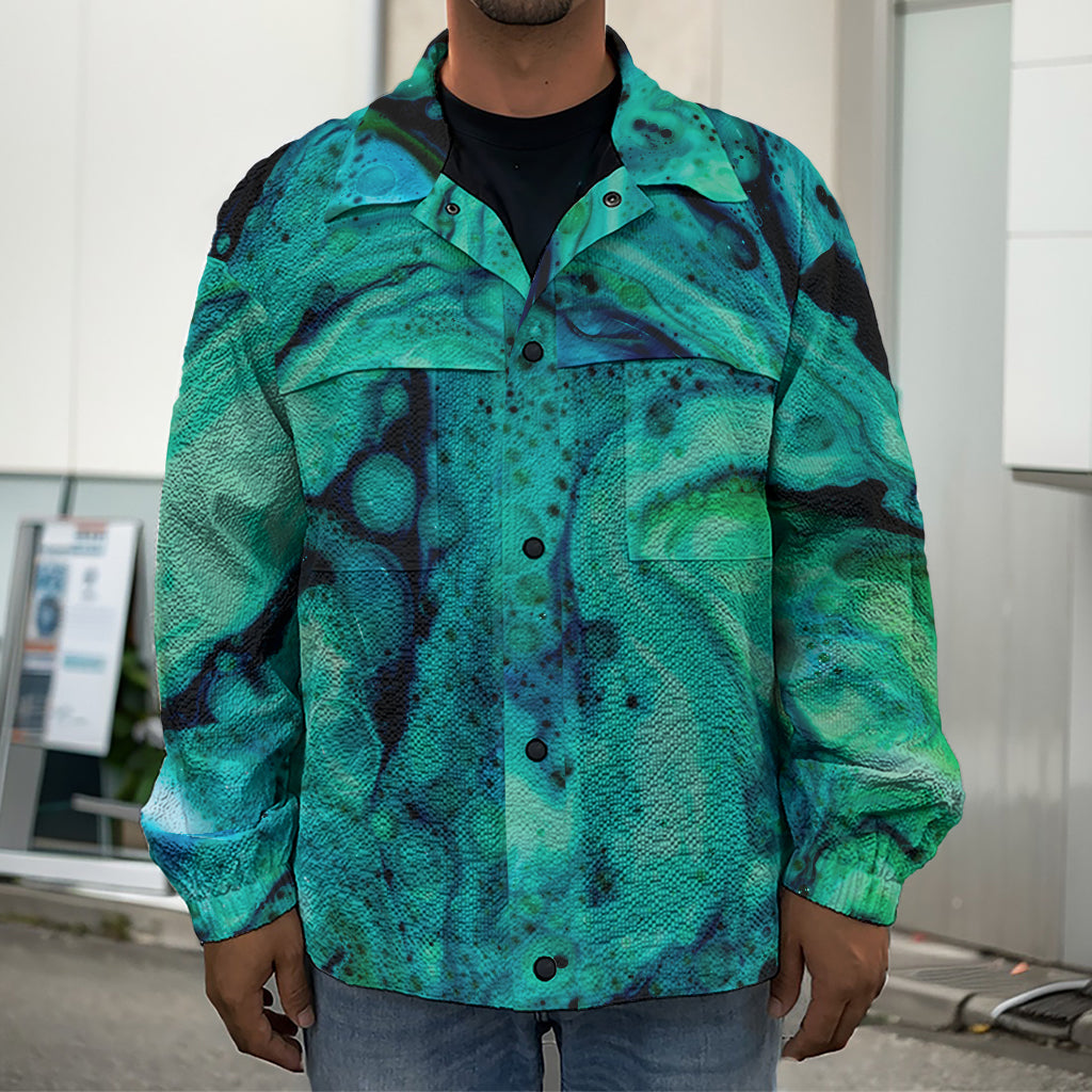 Turquoise Acid Melt Print Men's Shirt Jacket