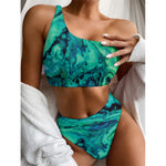 Turquoise Acid Melt Print One Shoulder Bikini Top