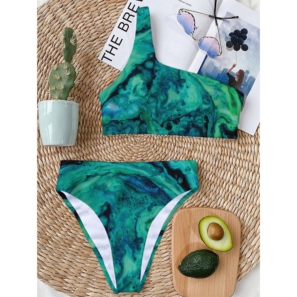 Turquoise Acid Melt Print One Shoulder Bikini Top