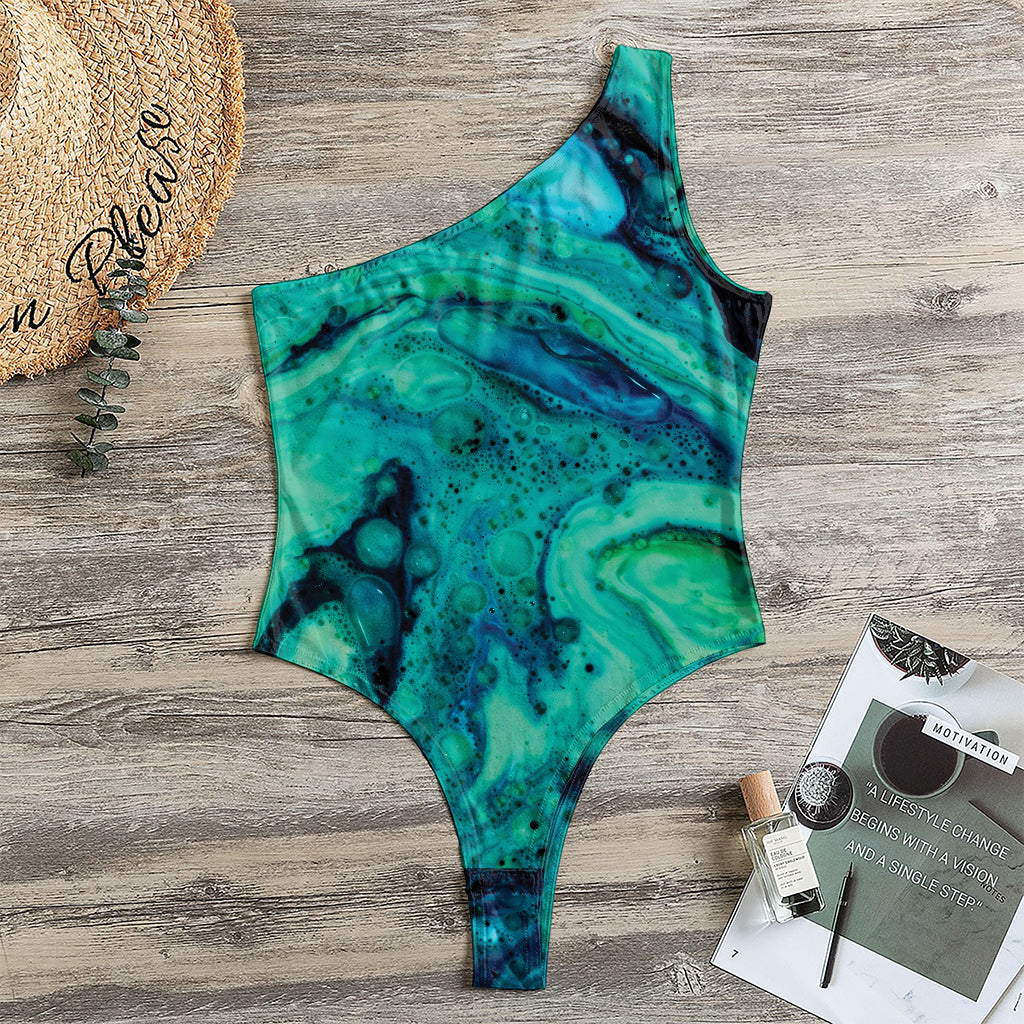 Turquoise Acid Melt Print One Shoulder Bodysuit