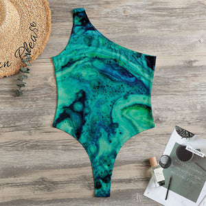 Turquoise Acid Melt Print One Shoulder Bodysuit