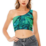 Turquoise Acid Melt Print One Shoulder Crop Top