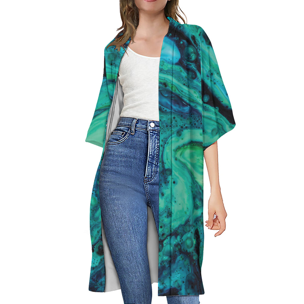 Turquoise Acid Melt Print Open Front Beach Cover Up