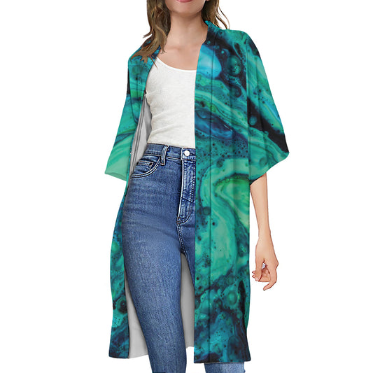 Turquoise Acid Melt Print Open Front Beach Cover Up