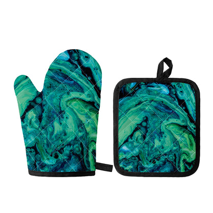 Turquoise Acid Melt Print Oven Mitt And Pot Holder Set