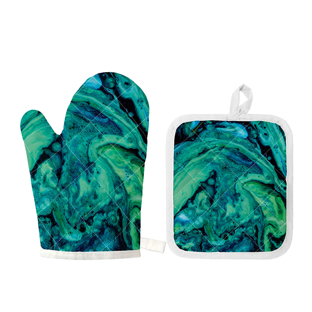 Turquoise Acid Melt Print Oven Mitt And Pot Holder Set