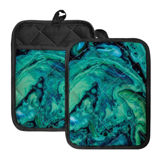 Turquoise Acid Melt Print Pot Holders With Pocket
