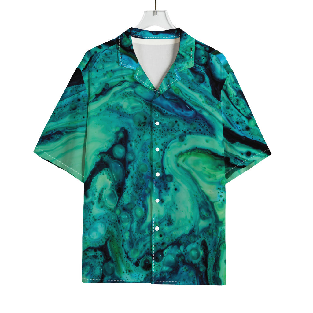 Turquoise Acid Melt Print Rayon Hawaiian Shirt