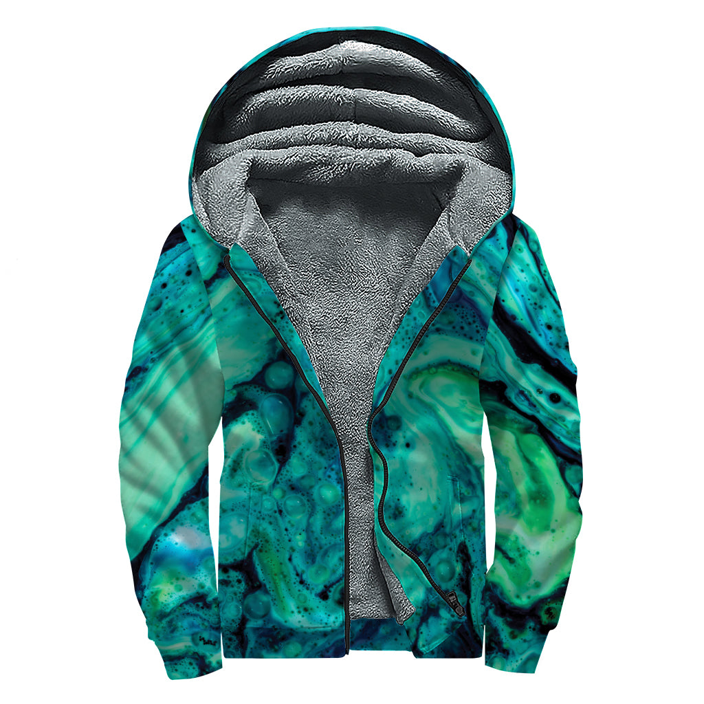 Turquoise Acid Melt Print Sherpa Lined Zip Up Hoodie