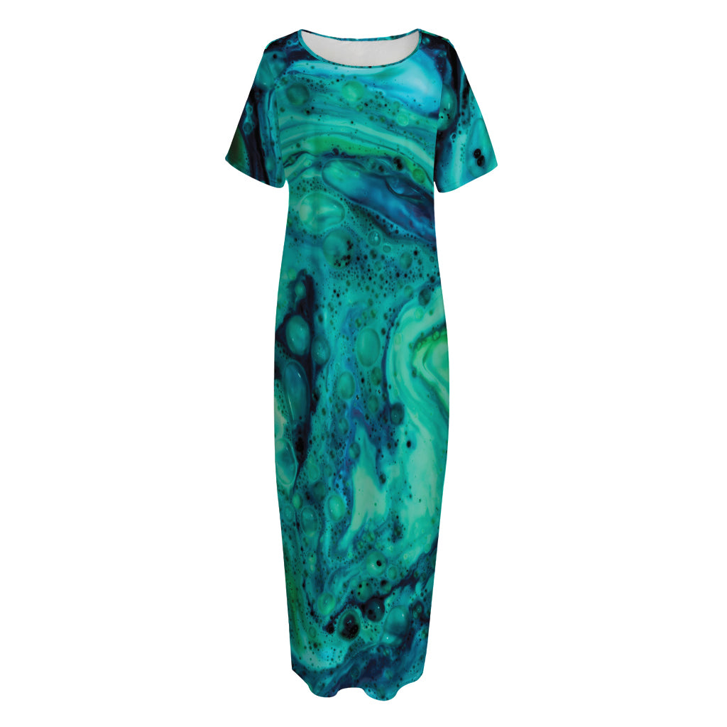 Turquoise Acid Melt Print Short Sleeve Long Nightdress