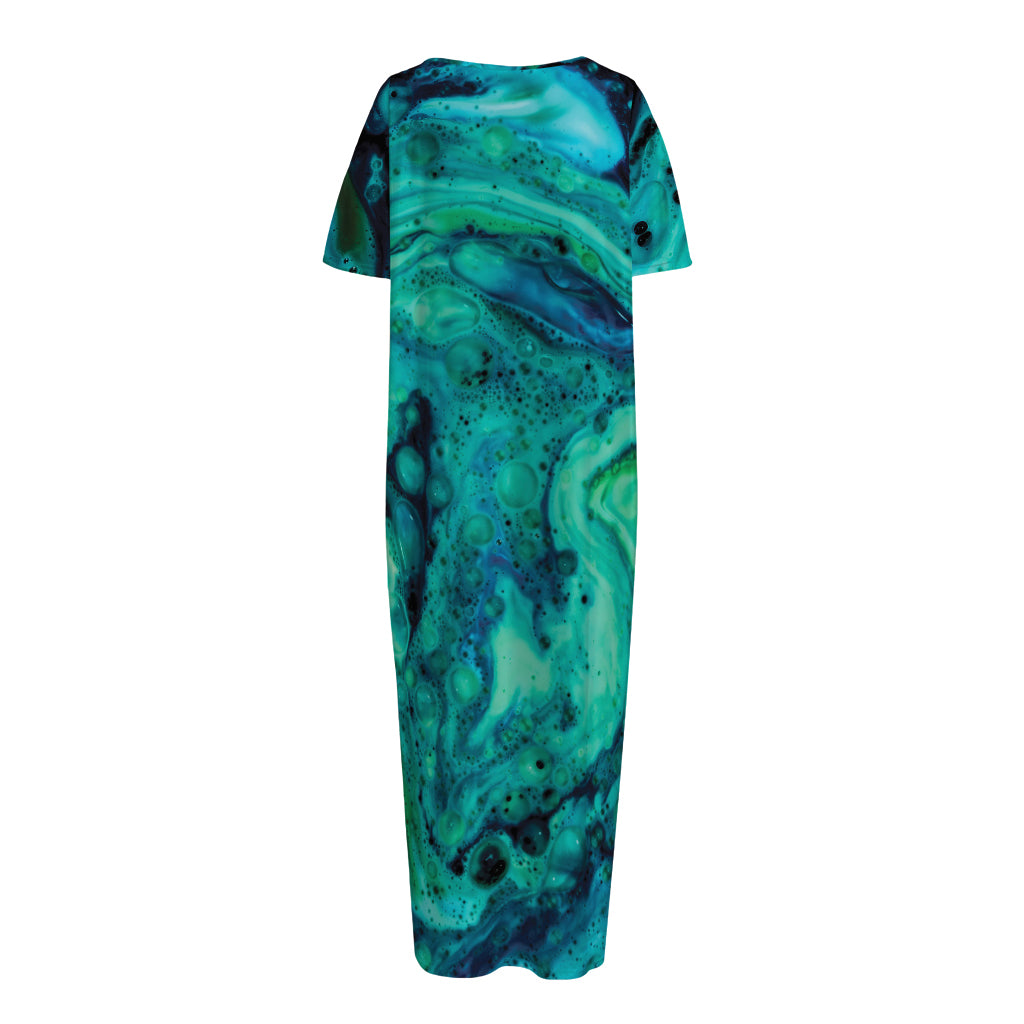 Turquoise Acid Melt Print Short Sleeve Long Nightdress