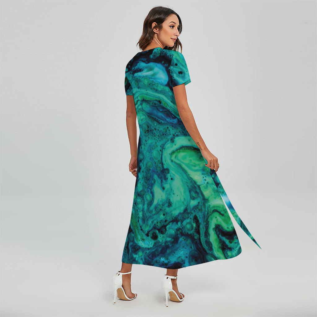 Turquoise Acid Melt Print Short Sleeve Maxi Dress