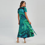 Turquoise Acid Melt Print Short Sleeve Maxi Dress