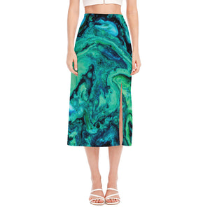 Turquoise Acid Melt Print Side Slit Midi Skirt