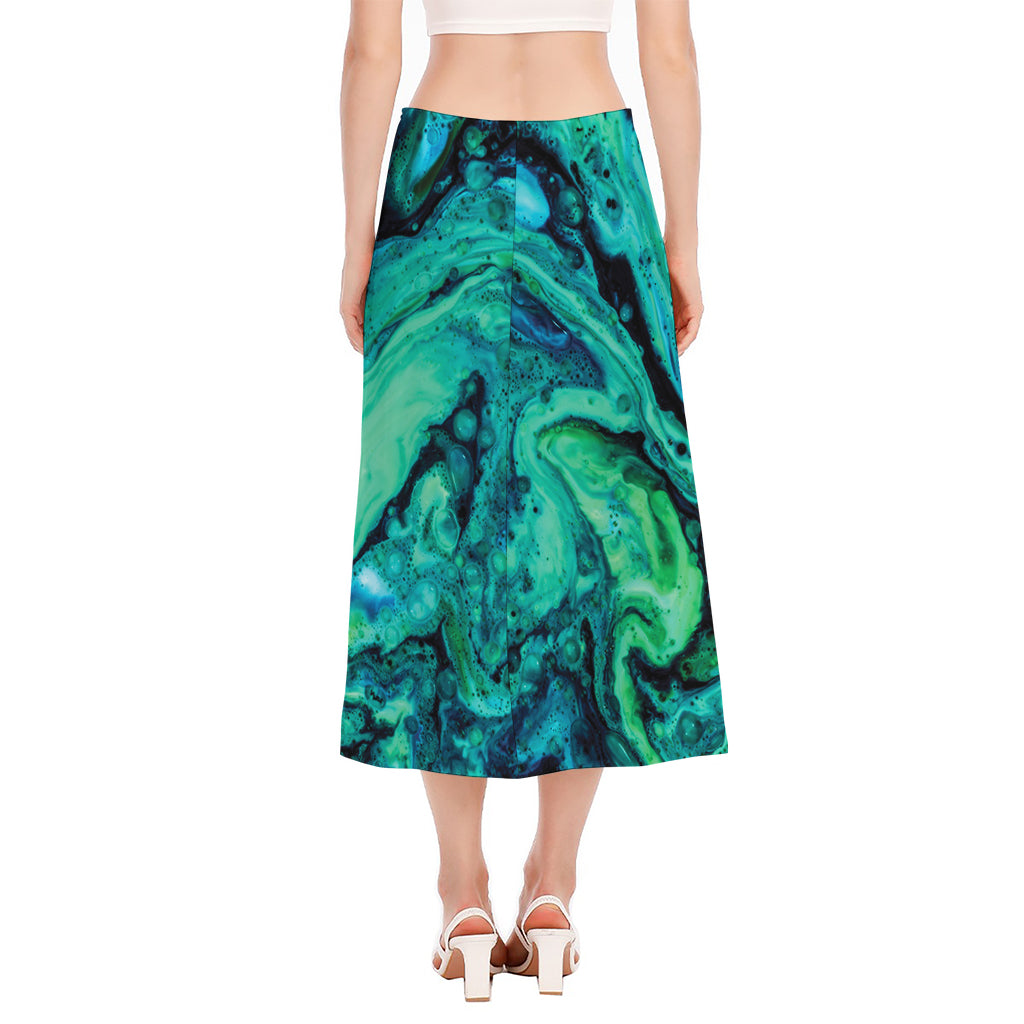 Turquoise Acid Melt Print Side Slit Midi Skirt