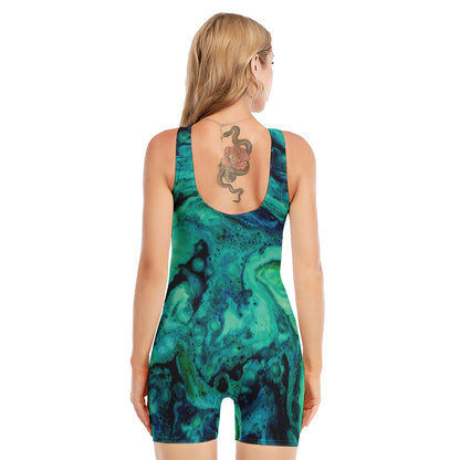 Turquoise Acid Melt Print Sleeveless One Piece Swimsuit
