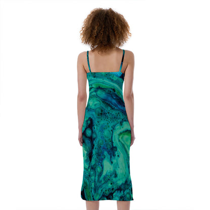 Turquoise Acid Melt Print Slim Fit Midi Cami Dress
