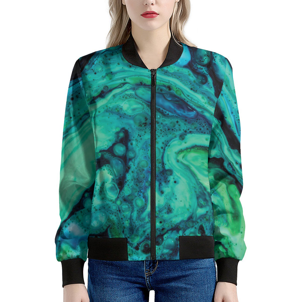 Turquoise Acid Melt Print Women's Bomber Jacket