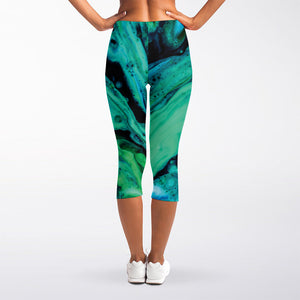 Turquoise Acid Melt Print Women's Capri Leggings