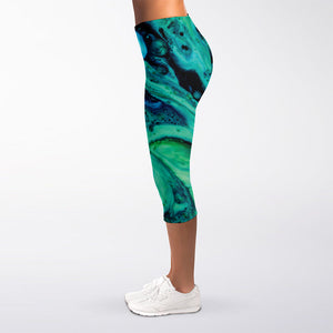 Turquoise Acid Melt Print Women's Capri Leggings