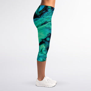 Turquoise Acid Melt Print Women's Capri Leggings