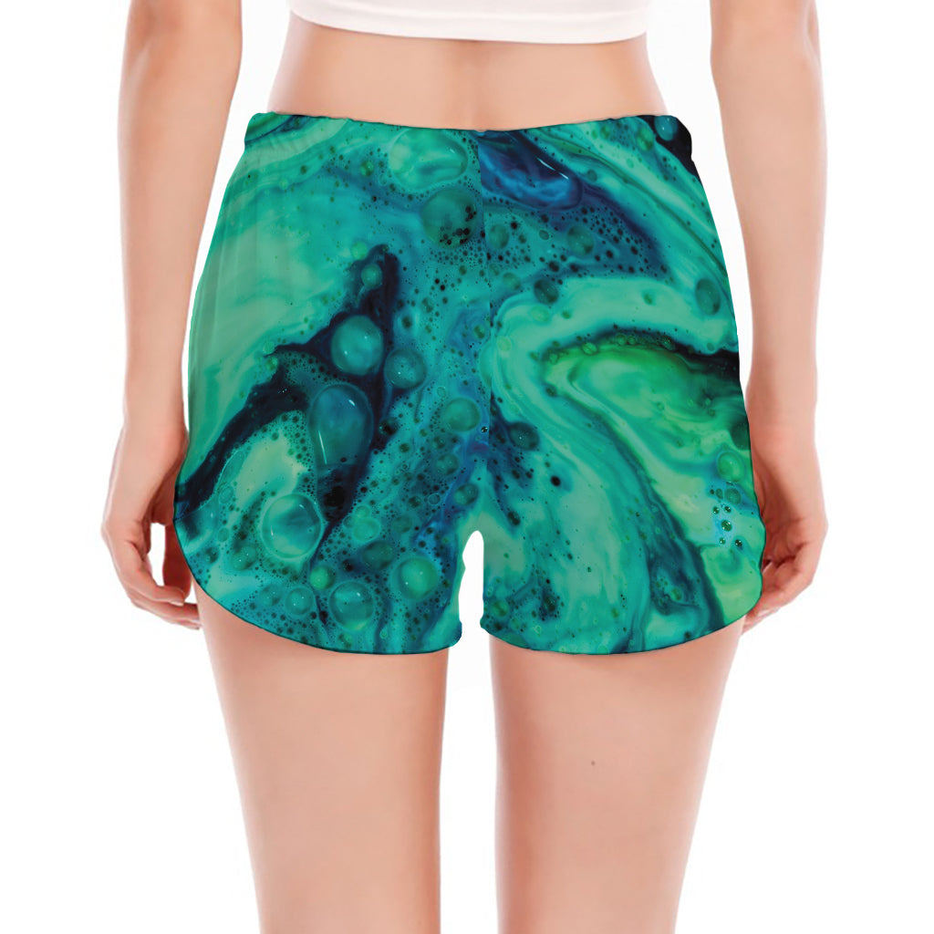 Turquoise Acid Melt Print Women's Split Running Shorts