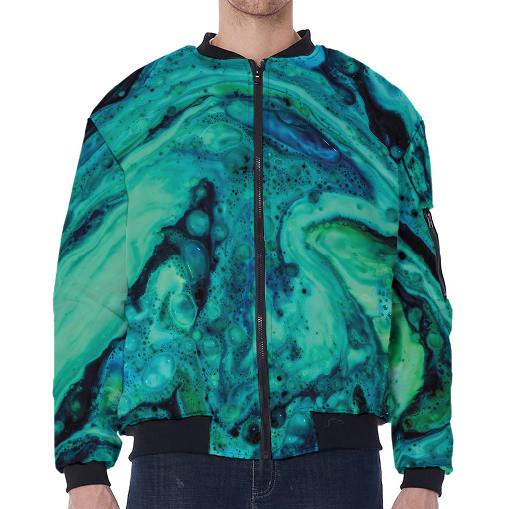 Turquoise Acid Melt Print Zip Sleeve Bomber Jacket