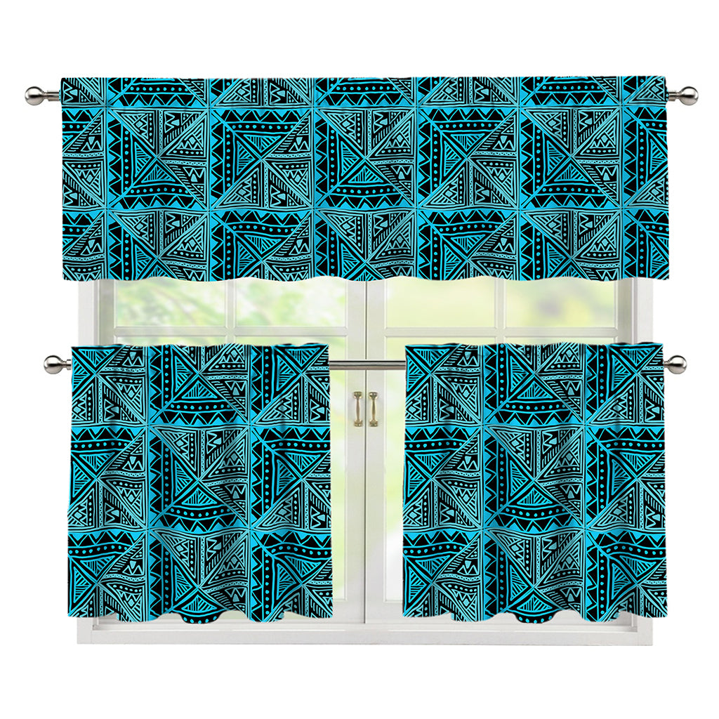 Turquoise African Ethnic Pattern Print 3 Piece Kitchen Curtains