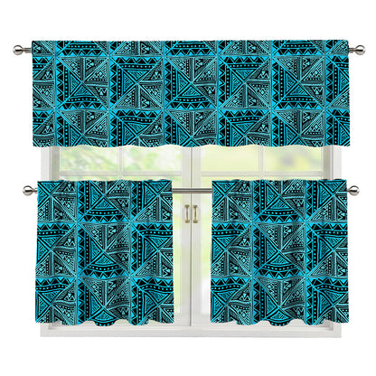 Turquoise African Ethnic Pattern Print 3 Piece Kitchen Curtains
