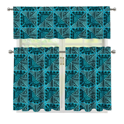 Turquoise African Ethnic Pattern Print 3 Piece Kitchen Curtains