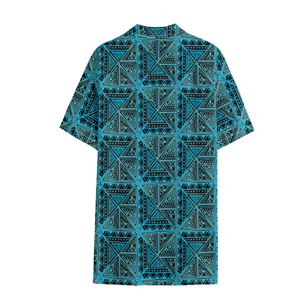 Turquoise African Ethnic Pattern Print Cotton Hawaiian Shirt
